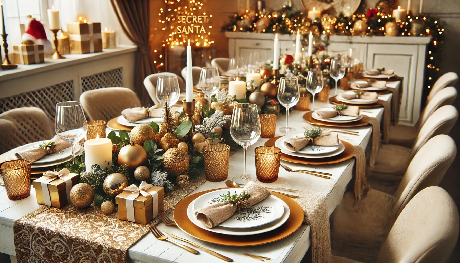 An eegant Christmas dinner table featuring gold decorations, ideal for festive Secret Santa get-together ideas.