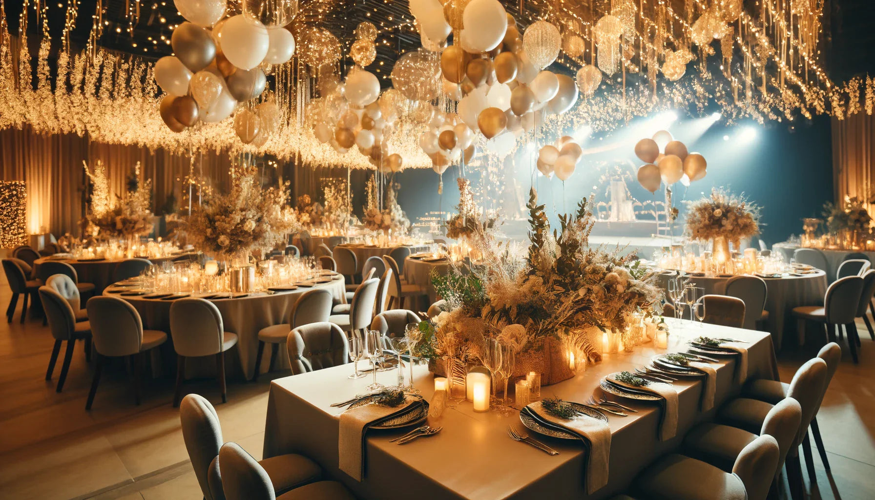 An elegant reception adorned with gold balloons and tablescapes, suitable for company end of year party ideas.