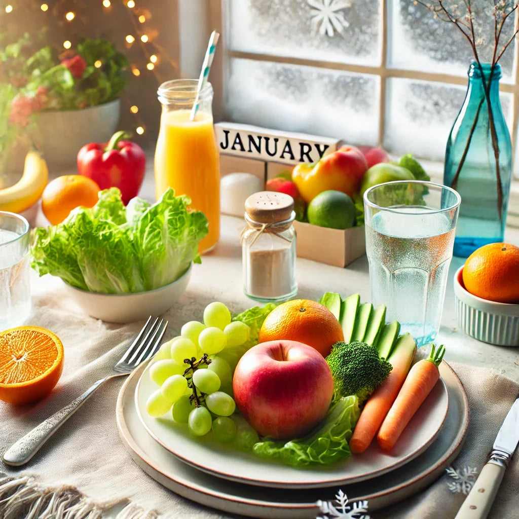 Bright table setting with fresh produce and a refreshing beverage, representing New Year healthy eating tips.