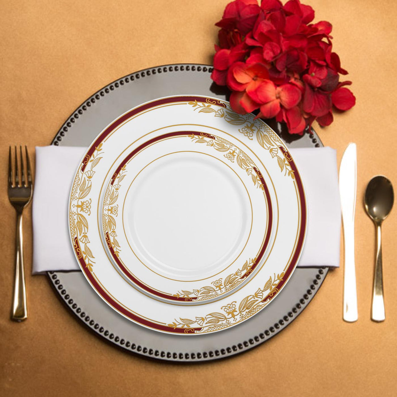 White with Burgundy and Gold Harmony Plates Collection