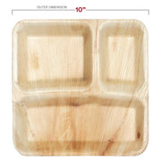 10-inch square 3-compartment dinner plates made from palm leaves, durable and biodegradable