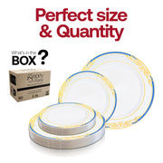 10.25-inch round dinner plate featuring blue and gold rim accents, ideal for presenting main courses