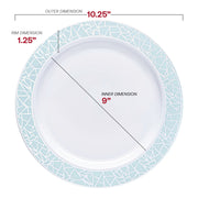 10.25-inch round dinner plate with a white base and a stylish turquoise blue and silver mosaic rim
