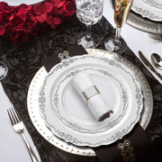 120-count white plastic dinner plates with a classic silver vintage-style rim, 10-inch diameter, perfect for formal occasions