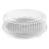 12" Clear Round Plastic Tray Lids keep appetizers and desserts covered, fresh, and presentation-ready for parties or catering