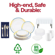 12 oz. navy wine glasses and gold utensils elevate the Independence Elegance Set.