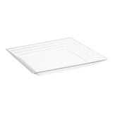12x12 inch clear square plastic serving tray with a groove rim, perfect for stylish and functional food presentation