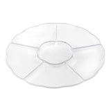14-inch clear round disposable plastic tray with 6 partitions, ideal for neatly serving assorted foods