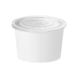 6 oz squat paper soup cups with clear plastic lids portioning mini soups and sides at an elegant buffet station