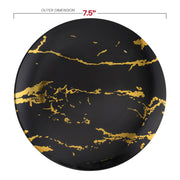 7.5-inch black disposable salad plates with a stylish gold marble stroke accent