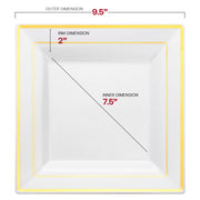 9.5-inch white plastic dinner plates with a decorative gold square edge rim