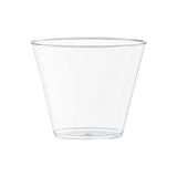 9 oz disposable clear plastic cups, sturdy and lightweight, perfect for effortless party cleanup.