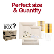 A luxurious event table adorned with the Ivory Square Disposable Plastic Tableware Set’s graceful dinner and appetizer plates