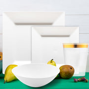 A sleek wedding brunch setup featured White Square Disposable Plates for entrees and dessert service.