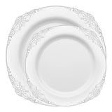 Add a refined touch to your events with the White with Silver Fancy Round Disposable Dinnerware Set