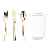 Add a touch of glam to your party with this Gold Disposable Plastic Cutlery and Cup Set