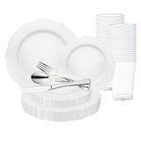 Add a touch of sophistication to your event with the White with Silver Rim Round Blossom Disposable Plastic Wedding Value Set, featuring a clean white design with elegant silver detailing