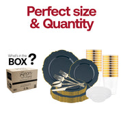 An elegant event table featuring the Navy with Gold Blossom Rim Disposable Plastic Tableware Set's distinguished plates and bowls