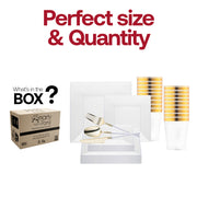 An exquisite event table graced by the Clear Square Disposable Plastic Tableware Set, displaying refined dinner and appetizer plates