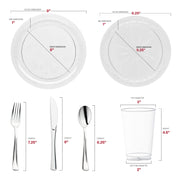 BPA-free plastic floral dinnerware set shown on white tablecloth with coordinated silver utensils