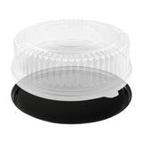 Black 12" round serving tray with clear fitted lid keeps appetizers protected and stylish for weddings, buffets, and cocktail parties