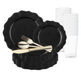 Black Round Lotus Plastic Wedding Value Set with gold cutlery adds bold elegance to formal and festive gatherings