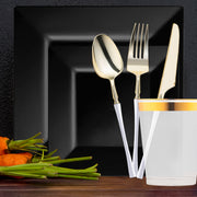 Black Square Disposable Plastic Tableware Set shown at a modern event with monochrome decor.