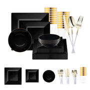 Black Square Disposable Plastic Tableware Set with gold and white-handled cutlery brings bold sophistication to formal events