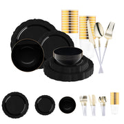 Black Vintage Disposable Plastic Tableware Set with gold flatware adds bold sophistication to weddings and formal celebrations