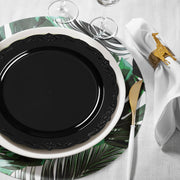 Black Vintage Rim Dinner Plates were used to serve entrees at a classic black-and-gold evening celebration.