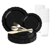 Black Vintage Rim Round Disposable Plastic Wedding Value Set, combining classic elegance with bold design for unforgettable event settings