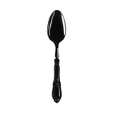Black plastic dinner spoons with a luxurious Baroque-inspired design, perfect for upscale dining events