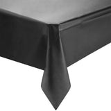 Black rectangular disposable plastic tablecloth measuring 54 x 108 inches, perfect for parties, events, and gatherings, sold in a 96-pack.