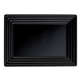 Black rectangular plastic serving tray with groove rim, perfect for elegant and practical food presentation