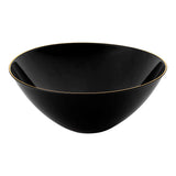 Black round disposable plastic bowl with a gold rim, 32 oz capacity