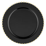 Black round disposable plastic dinner plates with a gold pearl string rim, 10-inch diameter