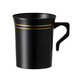 Black round plastic coffee mugs with a decorative gold edge rim, 8 oz capacity