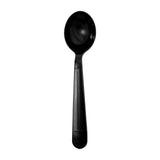 Black soup spoon with sturdy, heavy-weight plastic construction ideal for hot soups and stews