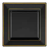 Black square plastic appetizer plates with gold edge rim, 6.5-inch size, sold in a pack of 120