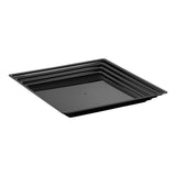 Black square plastic serving tray with groove rim, ideal for stylish and functional food service