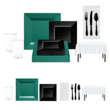Bold hunter green and black disposable dinnerware set for sports-themed celebrations.