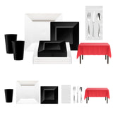 Bold red tablecloth and black cake plates add drama to this game day dinnerware kit.