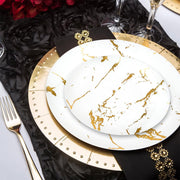 Bring a touch of glamour to your wedding or celebration with the White with Gold Marble Stroke Round Disposable Plastic Wedding Value Set, designed to elevate any event