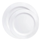 Budget-friendly white plastic dinnerware set featuring round plates in two sizes, perfect for parties, catering, and casual dining