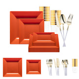 Burnt Orange Square Disposable Plastic Tableware Set adds a vibrant, sophisticated glow to weddings, receptions, and festive occasions
