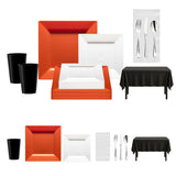 Burnt orange and black dinnerware set laid out for a sporty themed party.