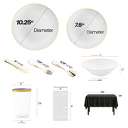 Celebrate with gold-rim dinnerware, black tablecloths, and white napkins from the Traditions Set