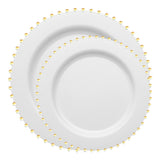 Chic and sophisticated, this White with Gold Pearl String Disposable Set is perfect for upscale celebrations and banquets