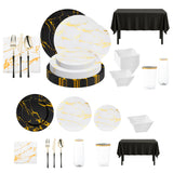 Chic black with gold marble charger plates for modern, high-end event styling.
