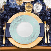 Chic white plastic dinner plate adorned with a turquoise blue and silver mosaic rim, round shape, 10.25 inches, disposable, pack of 120